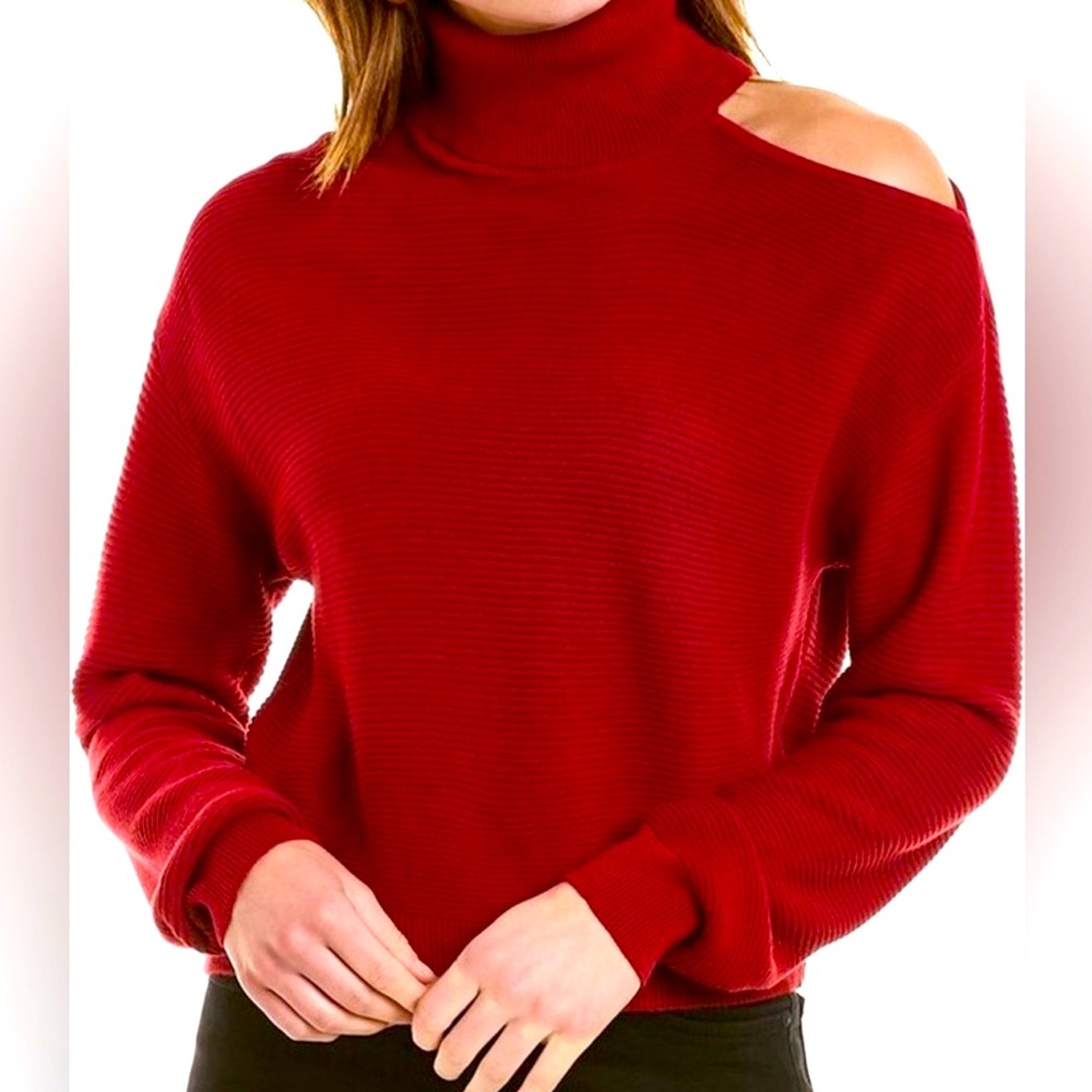 BCBGeneration Women's Red crop Turtleneck Sweater with slit on shoulder xs nwt - Picture 1 of 6